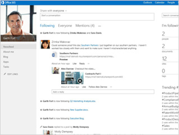 Microsoft SharePoint screenshot: Review activity from newsfeed