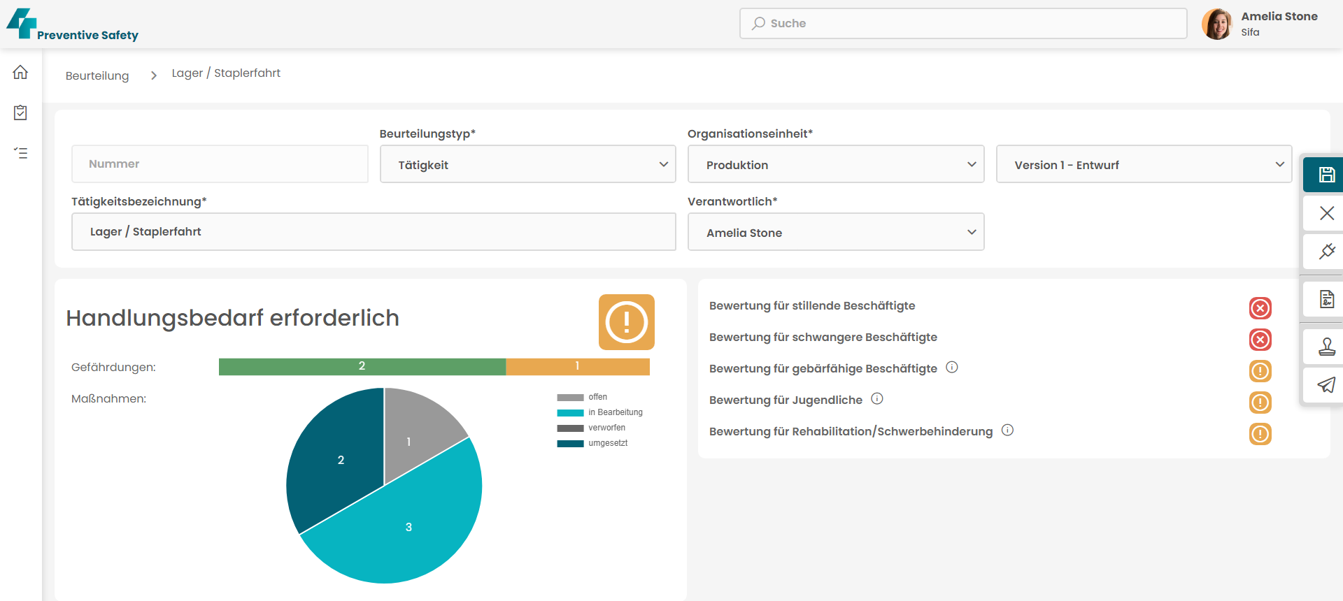 4TY Preventive Safety screenshot: Gesamtbewertung, Sonderbewertungen z.B. gemäß Mutterschutzgesetz, Jugendarbeitsschutzgesetz und Umsetzungsgrad der Maßnahmen auf einen Blick.
