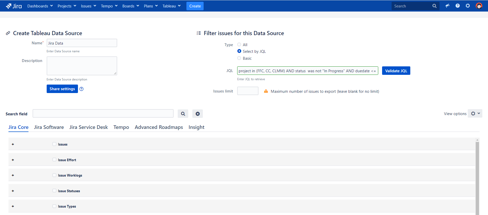 Tableau Connector for Jira Software - Create a Tableau Data Source, use various filtering options, including basic filters or JQL