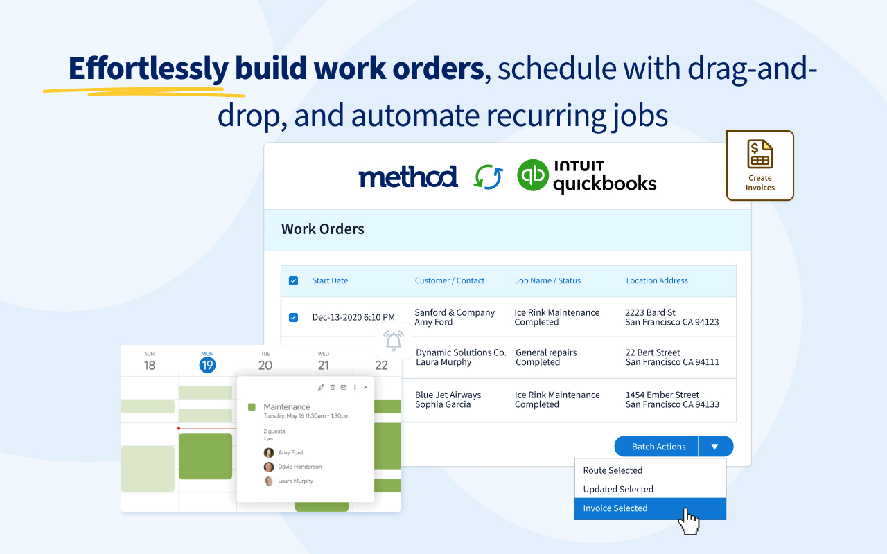 Method:Field Services Software - Create work orders and arrange them using drag and drop on field crew's calendars.