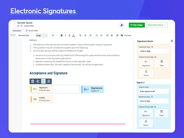 Revv screenshot: ELECTRONIC SIGNATURES - Add signature blocks and signer details to request eSignatures on your documents. Recipients get notified via email to fill and sign documents from their mobile or desktop.