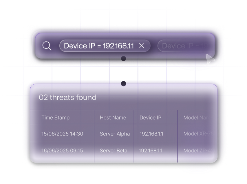 Hexnode XDR screenshot: Hexnode XDR Search results showing threats found with device IP details