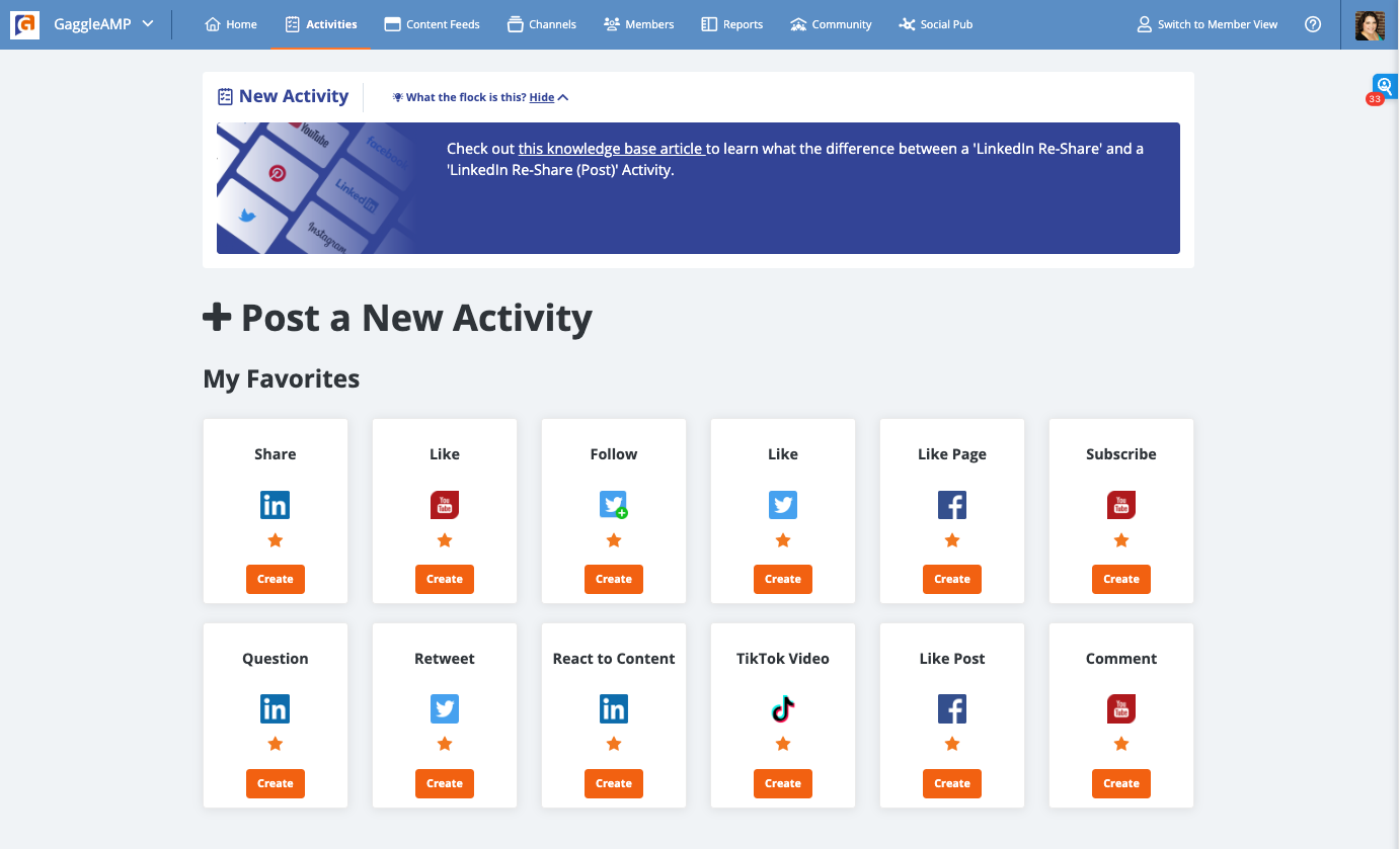 The GaggleAMP New Activity Dashboard for Managers