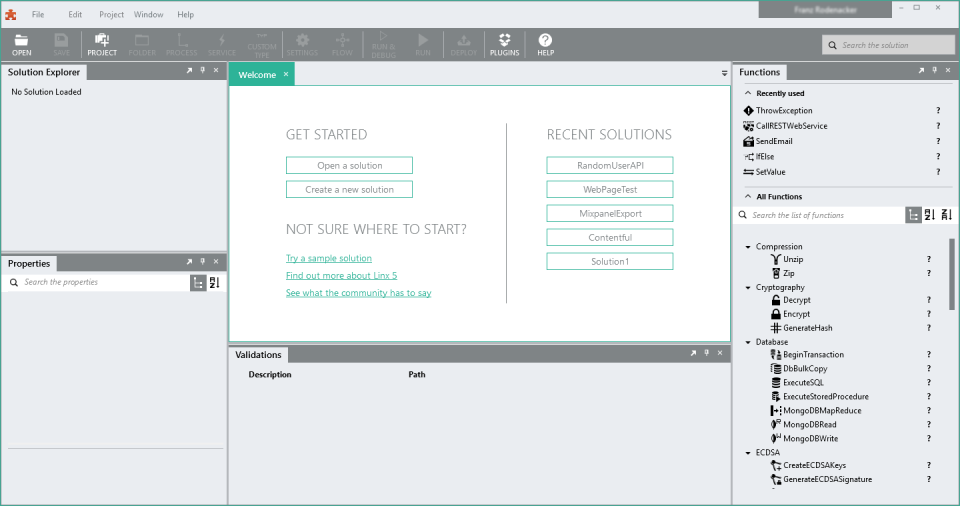 The welcome screen enables users to choose a solution and its related functions