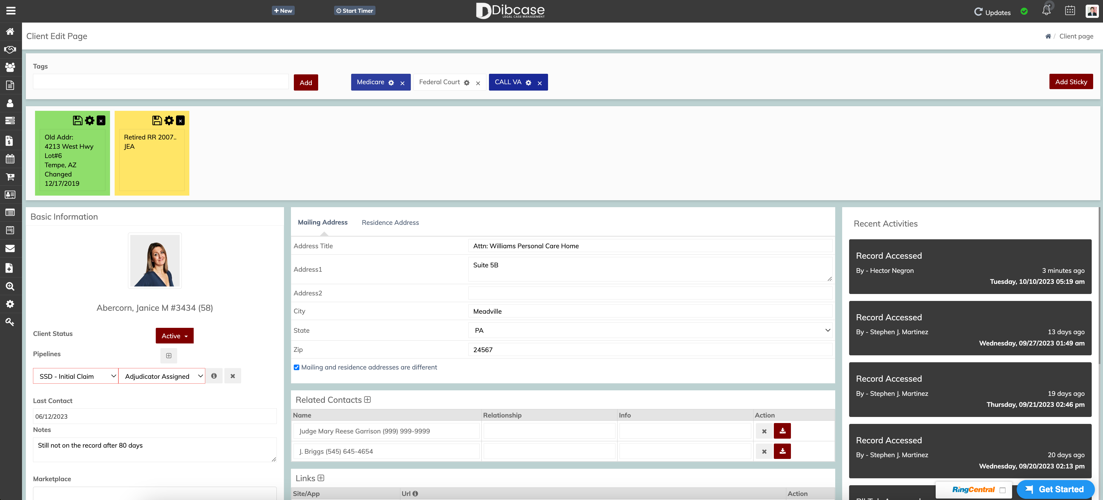 Dibcase Legal Case Management screenshot: Dibcase Client Edit Page