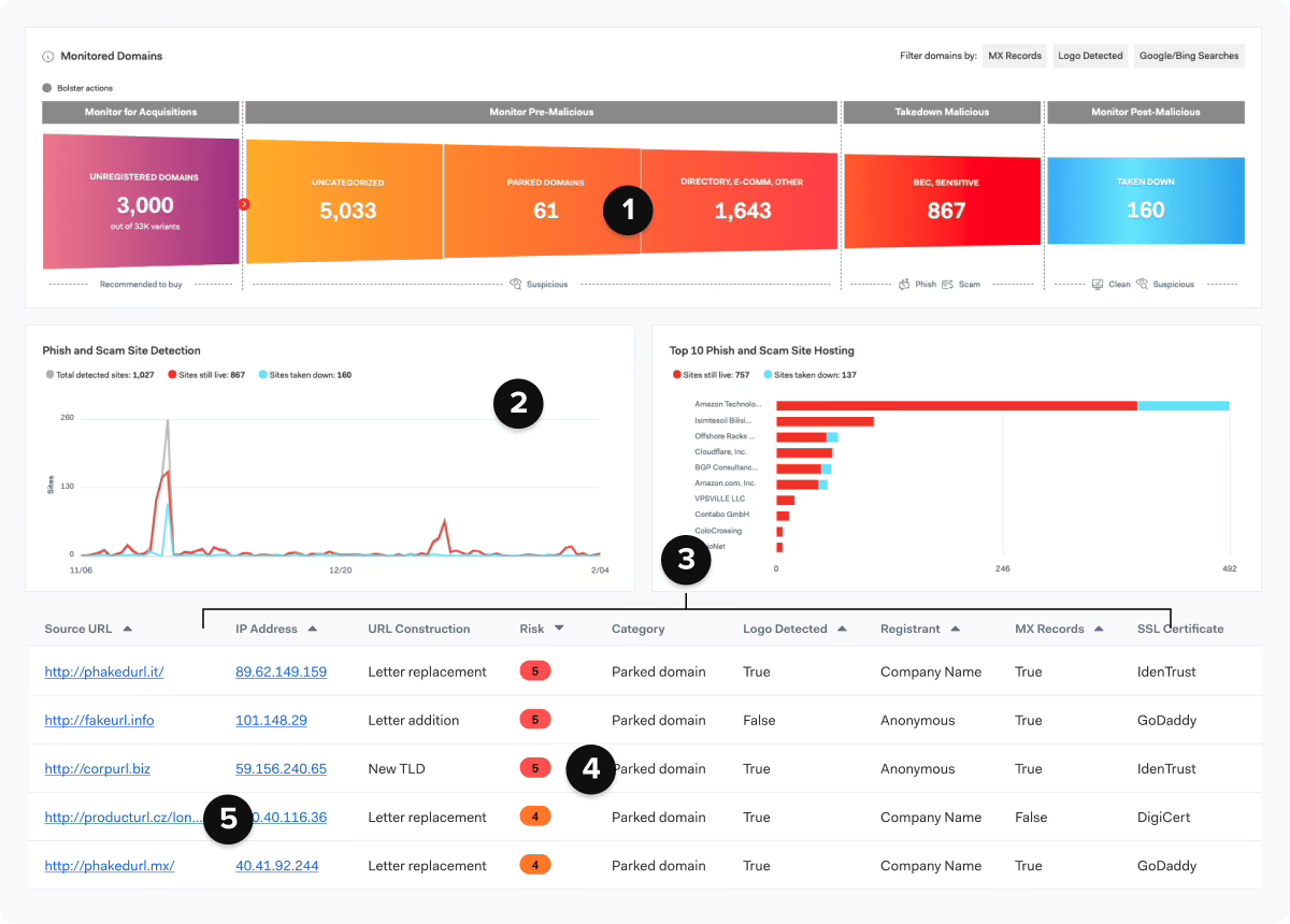 Bolster screenshot: Bolster monitored domains