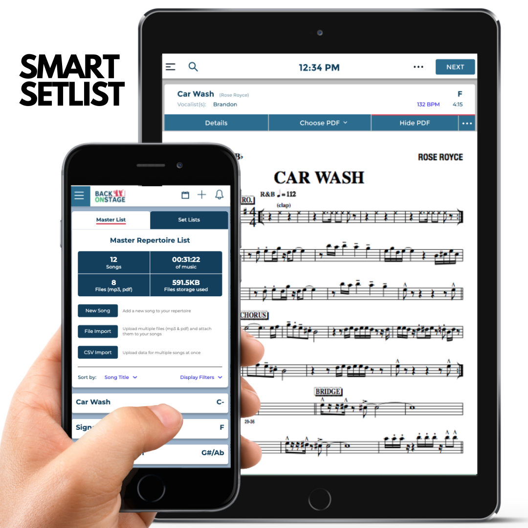 Back On Stage's Repertoire Tool lets you organize your entire pdf sheet music library and send out "Smart Setlist"