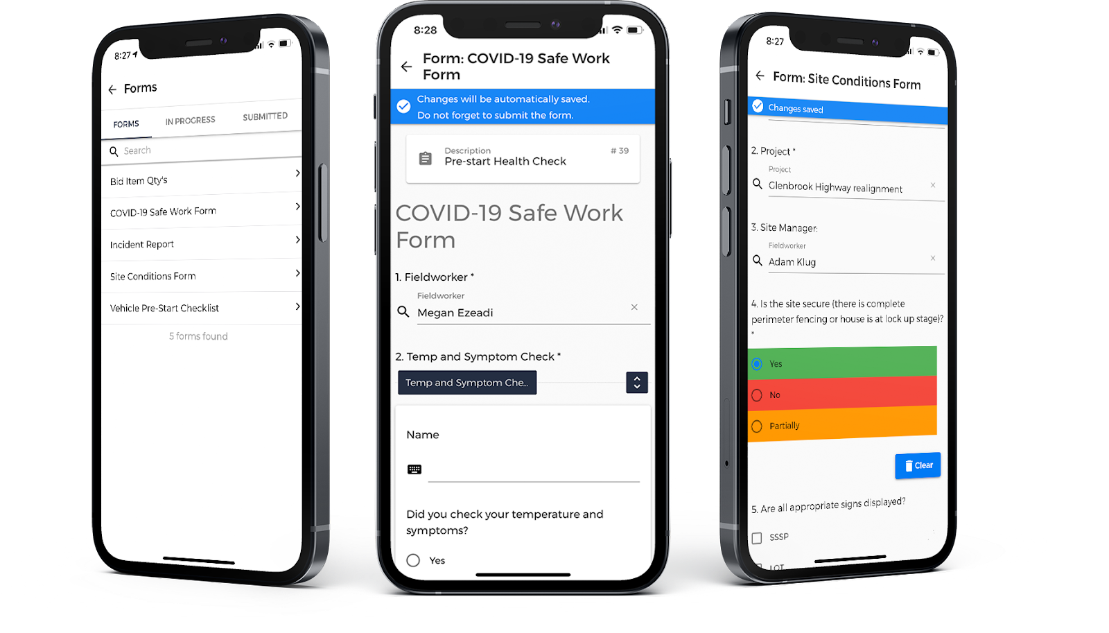 Forms for checking of health & safety compliance, equipment conditions, quality of work and many other use cases can be defined in the browser application and assigned to workers.