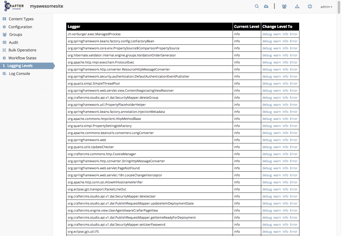 Crafter CMS screenshot: Crafter CMS audit logs