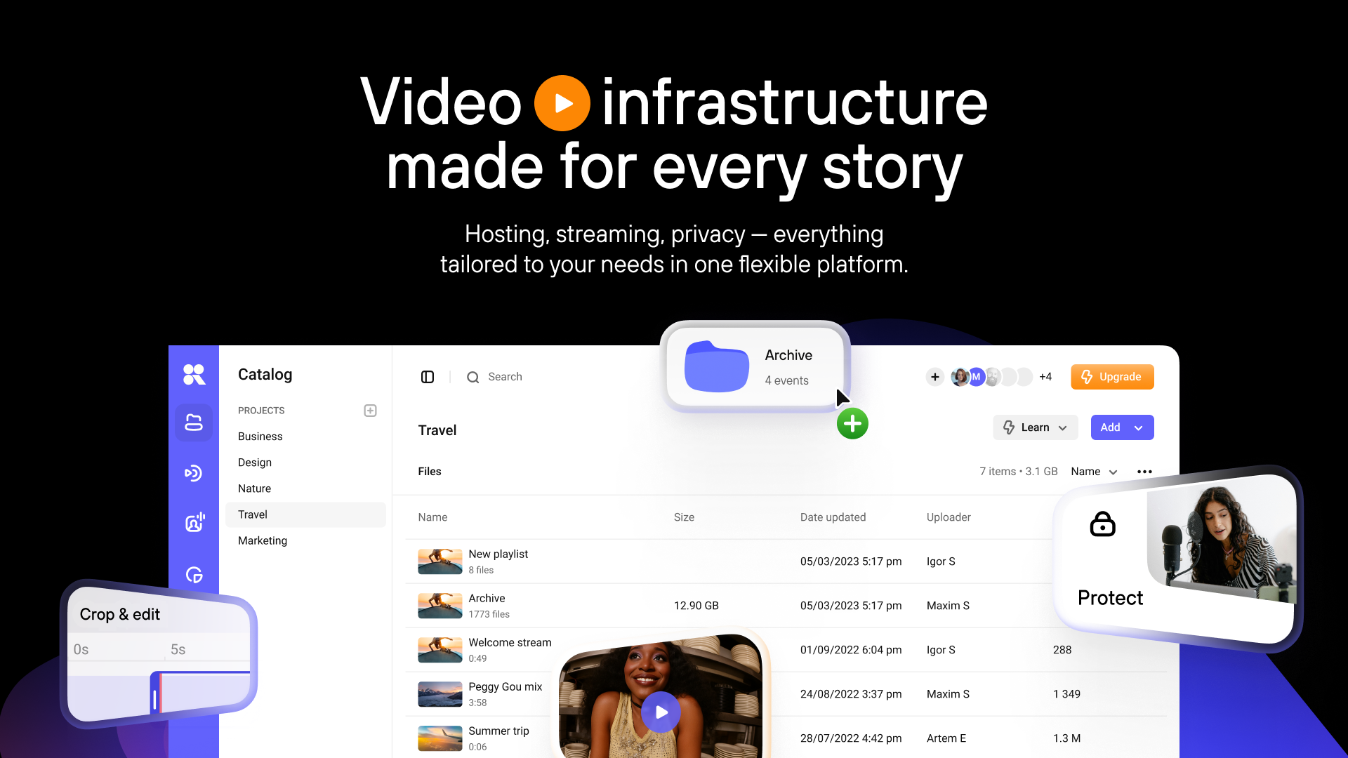 Kinescope screenshot: Videoinfrastructure made for every story. Hosting, streaming, privacy — everything tailored to your needs in one flexible platform.