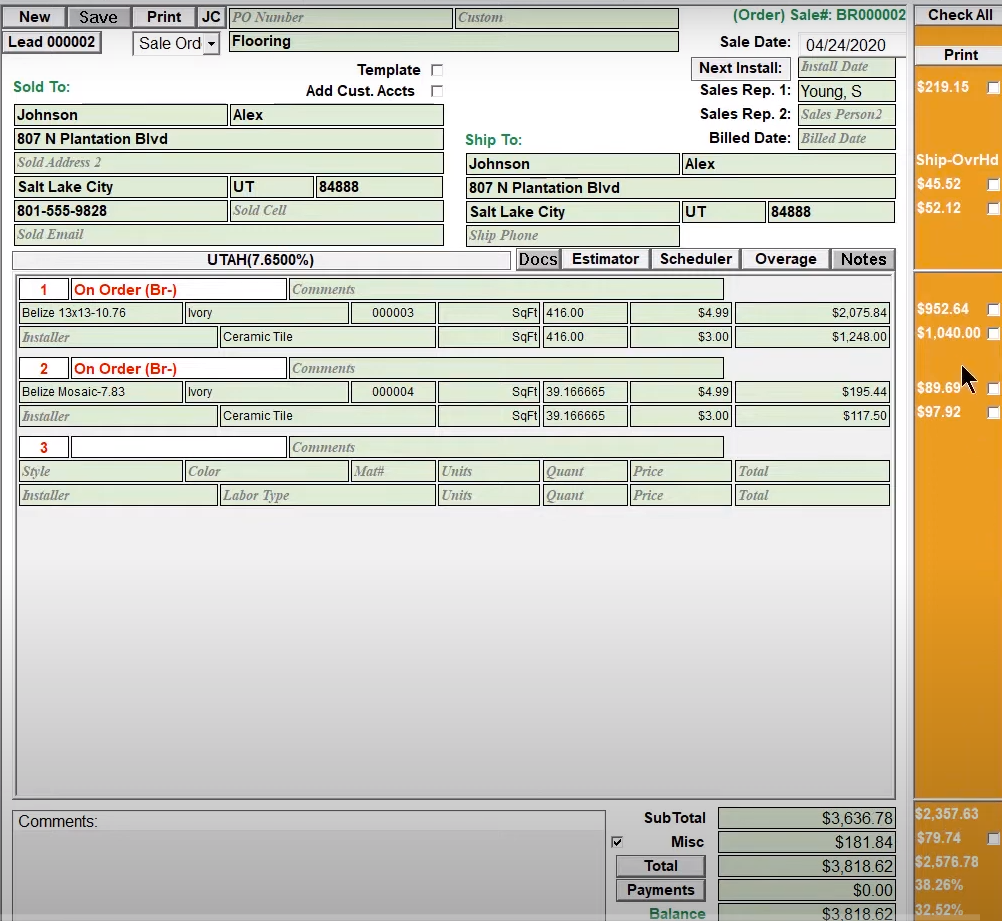 QFloors screenshot: Job cost on the screen as you're filling out a proposal 