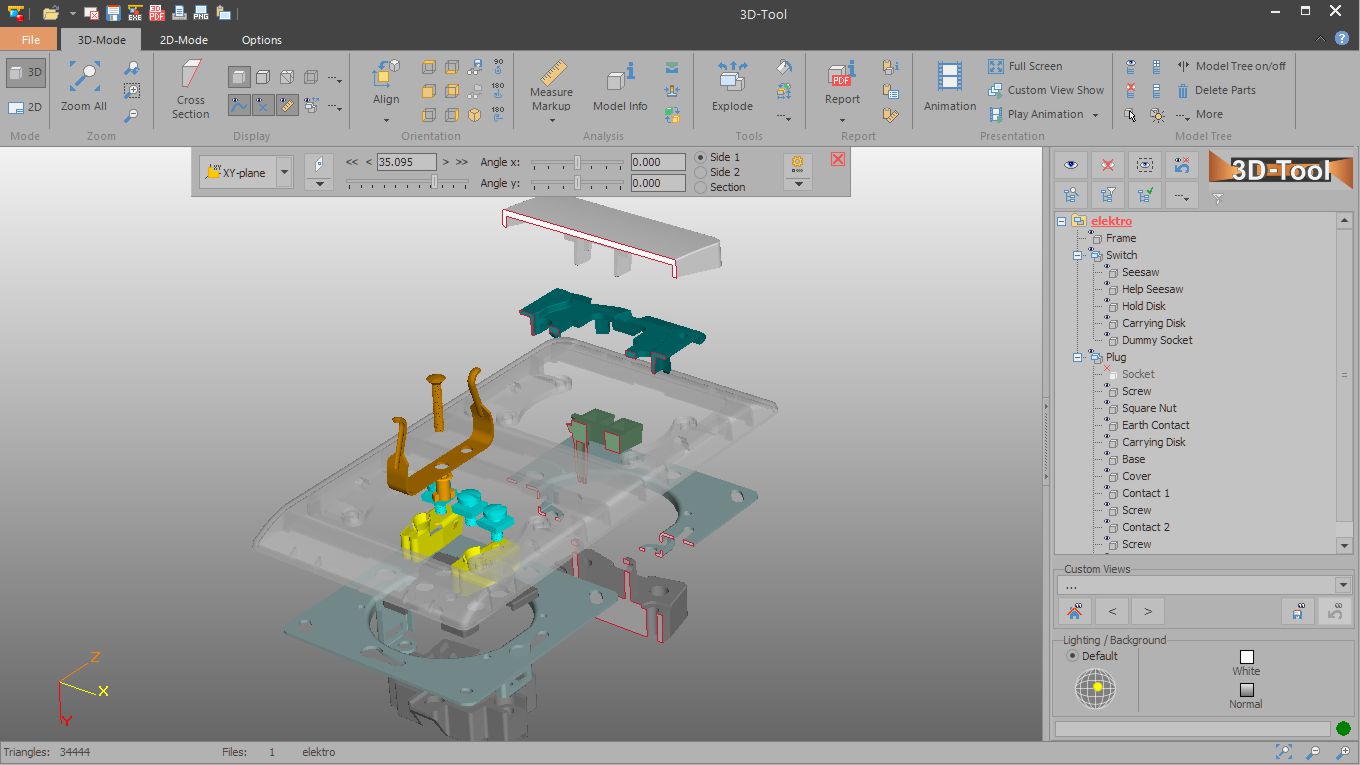 Parts and assemblies can be hidden, switched transparently and displayed in different render modes. You can create cross-sections and exploded views with just a few clicks.