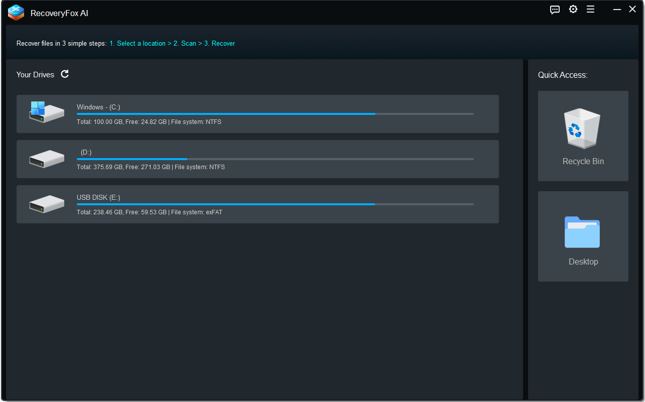 RecoveryFox AI screenshot: RecoveryFox AI manage drive