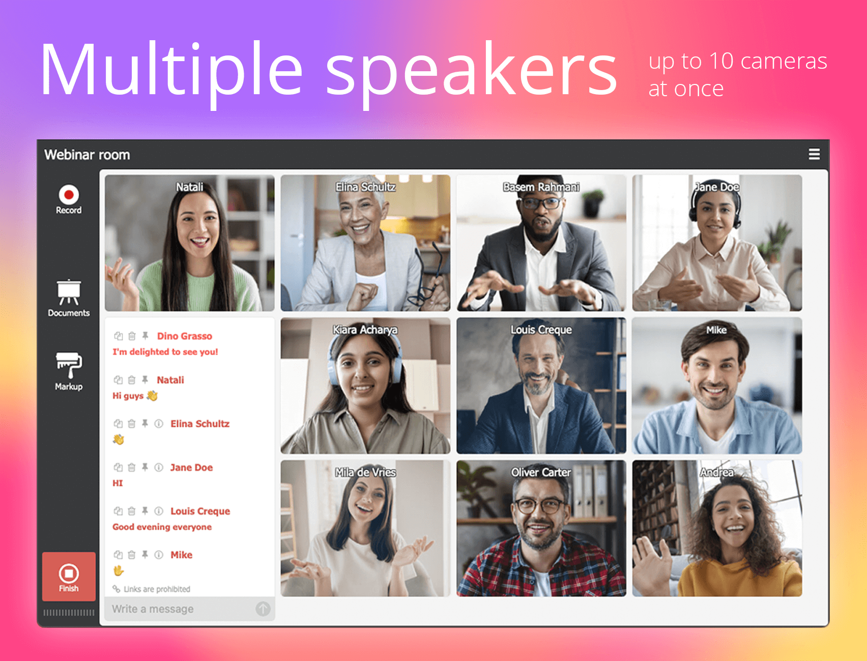 MyOwnConference Software - Multiple speakers! Broadcast up to 10 presenters/attendees at once for a collaborative experience.