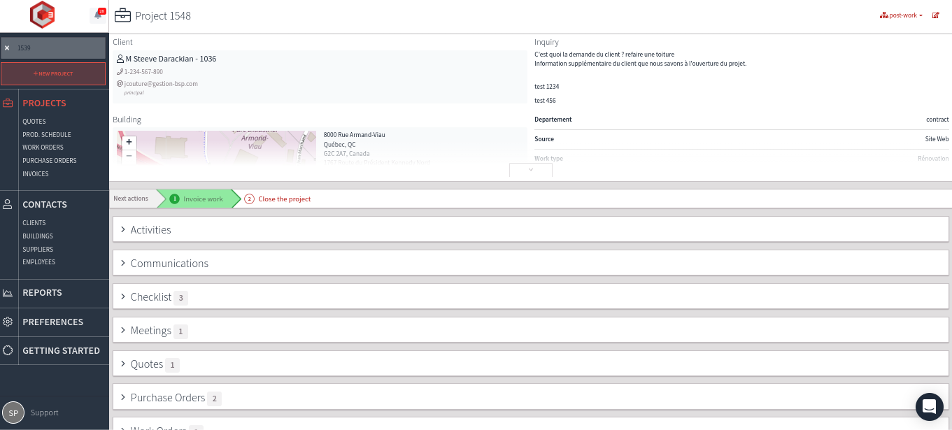 C-CUBE screenshot: The Project tab centralizes all information. It contains all of those:  client's name, project address, status, client follow-ups, checklists, notes, meetings, quotes, work orders, work costs, invoices and photos.