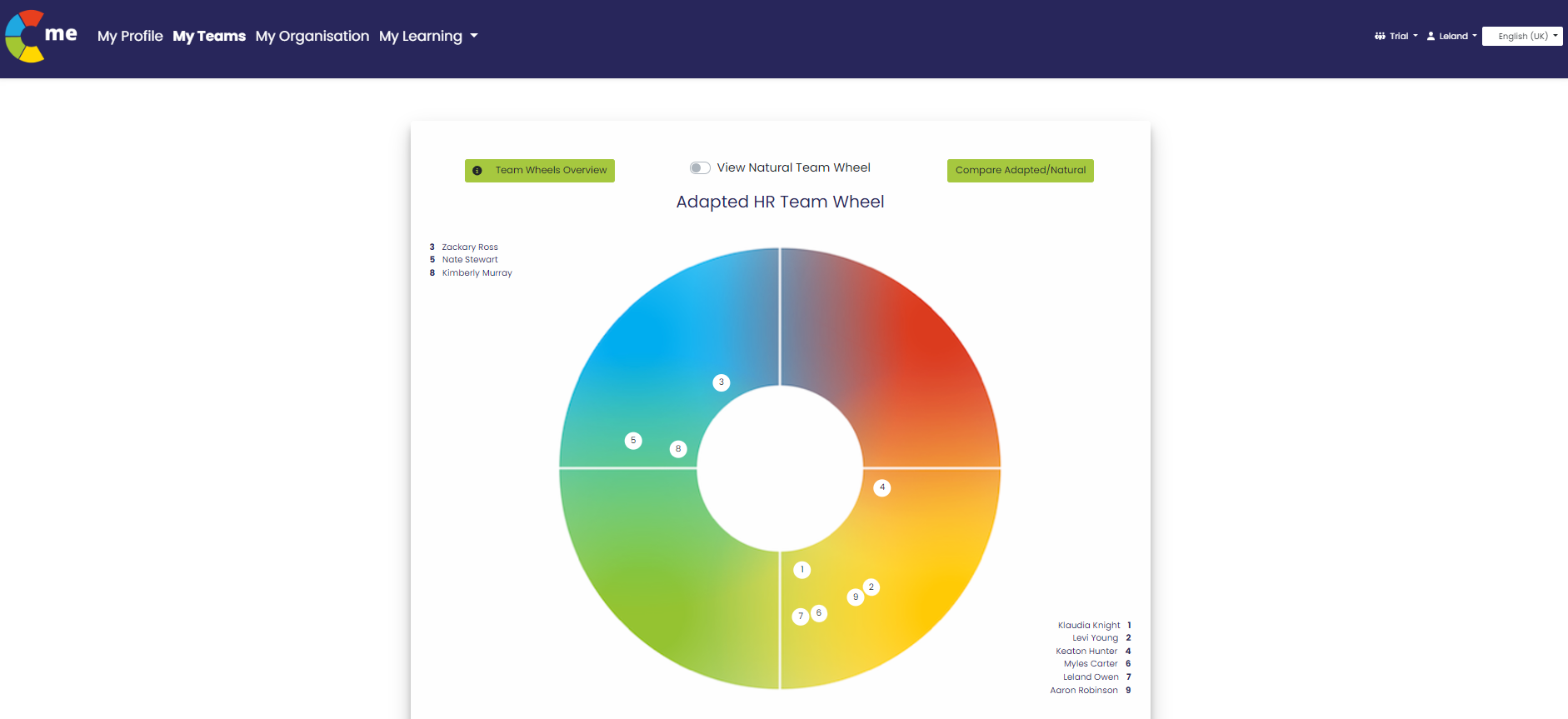 This is a C-me team wheel. This plots employees within teams onto a colour wheel so you can understand team dynamics. From here, you can click into individual colleagues to understand their preferences better.