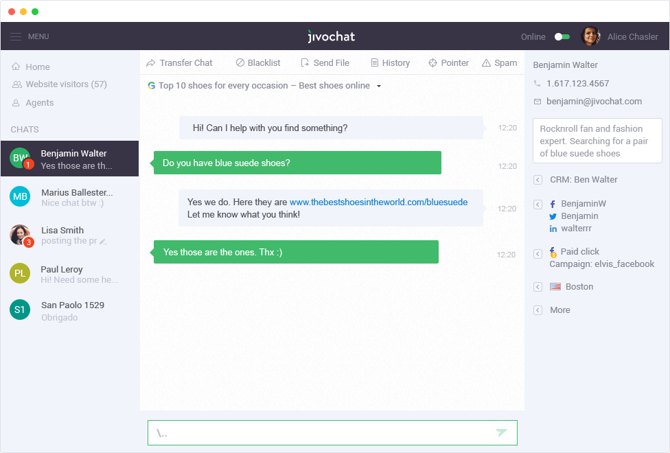 View visitor information, including location, social profiles, and click source in a side pane in JivoChat