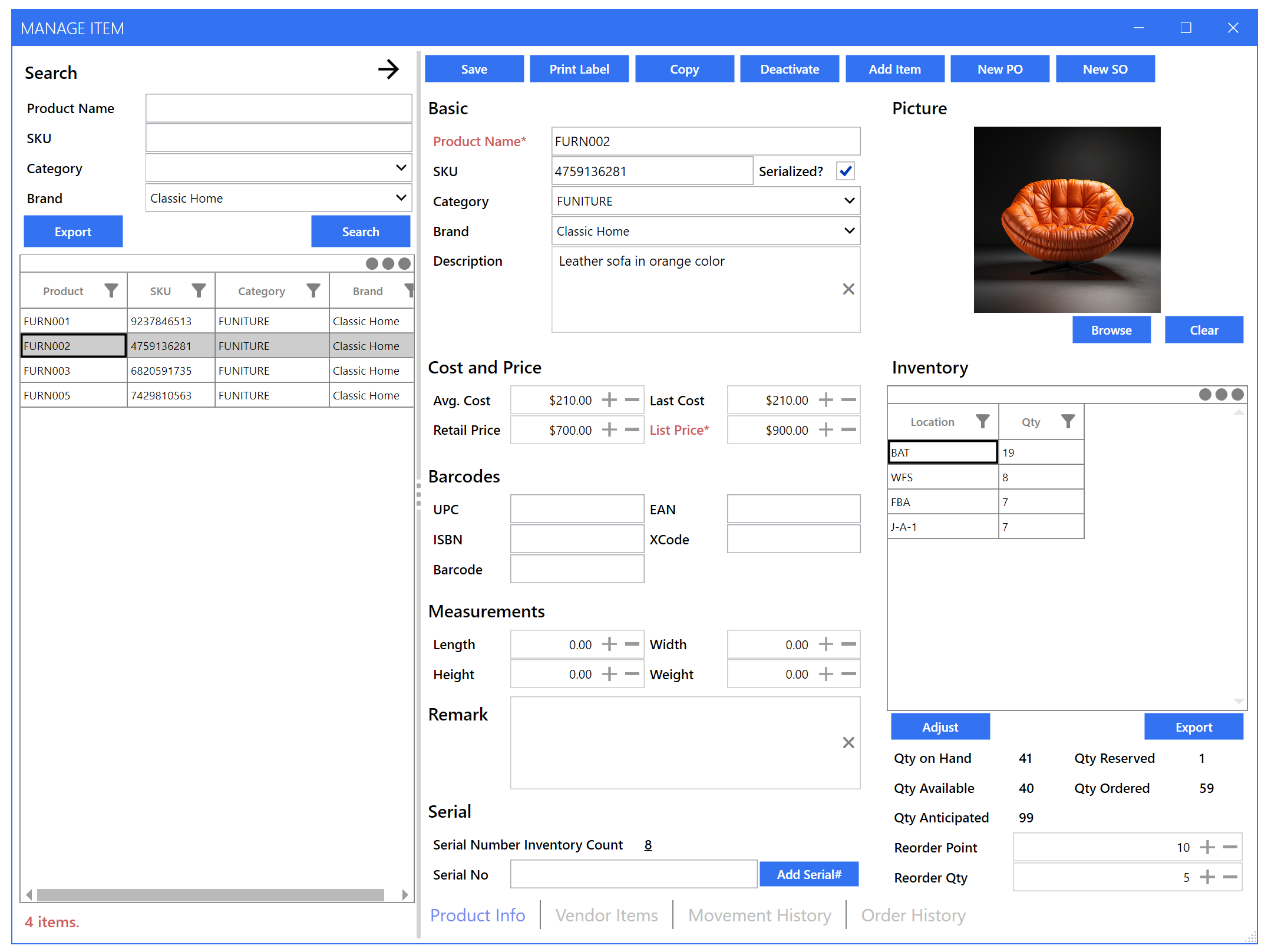 C2W Inventory Management System screenshot: C2W Inventory Management System Item