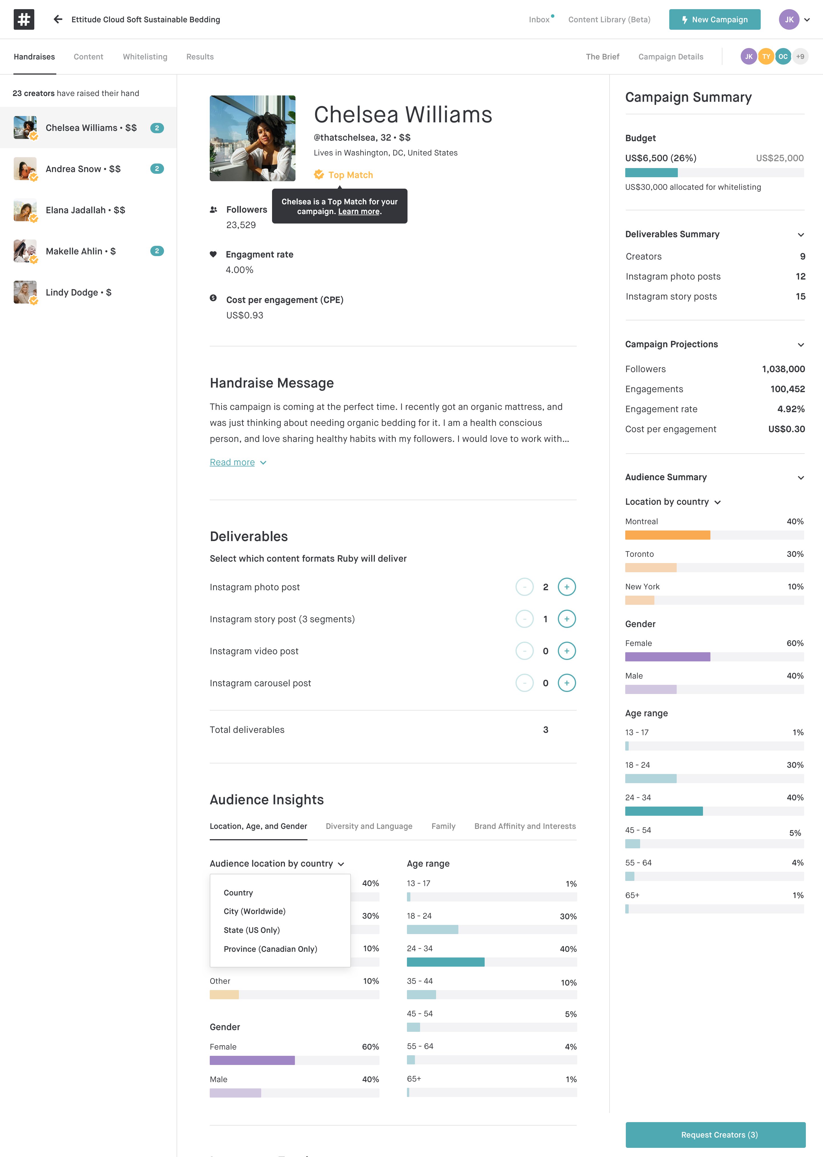 Deliverables, audience data, and projections: In one place, see all of your creator and audience data, as well as campaign projections based on the combinations you've selected.