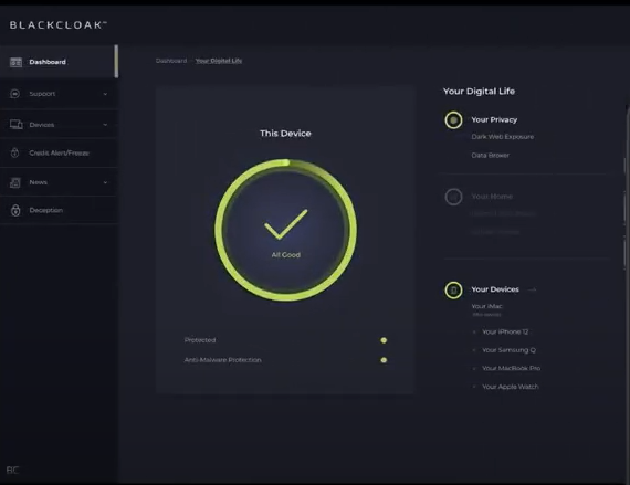 BlackCloak screenshot: BlackCloak dashboard