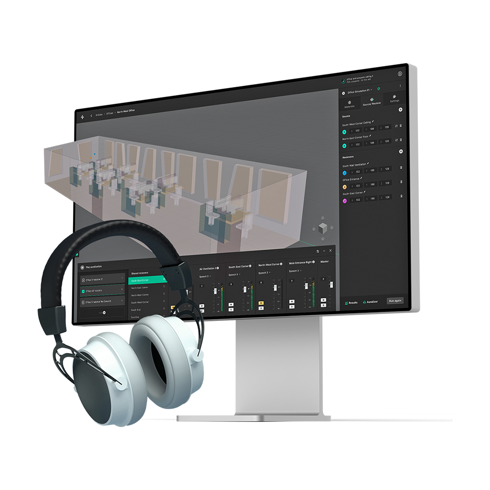 Treble Acoustic Simulation Suite Software - Set up auralizations in a heartbeat, step into your 3D model and experience the design in an immersive audio-visual experience. Compare simulations on the fly, move around the space and communicate acoustics designs with ease.