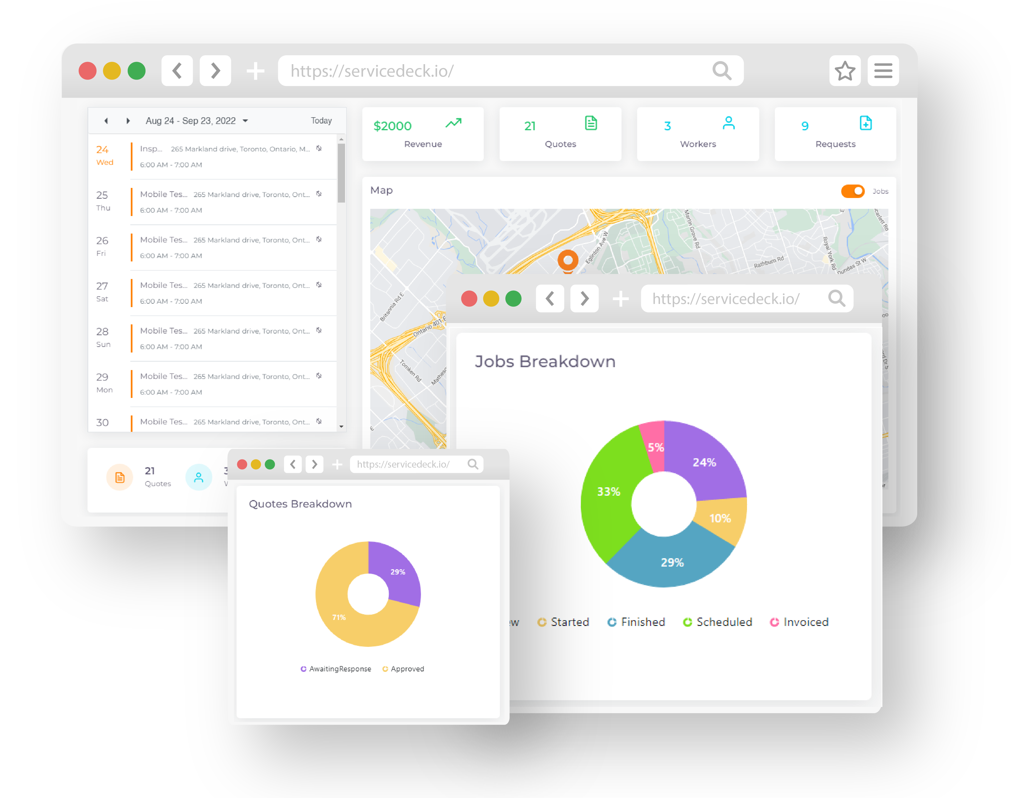 Dashboard: Stay on top of your field service business with ServiceDeck's intuitive and easy-to-navigate dashboard. Get a comprehensive overview of your day-to-day operations, monitor key performance indicators, and make informed decisions in real-time.