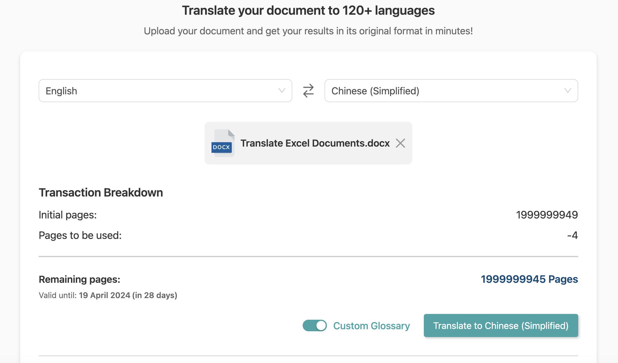 Upload document you want to translate