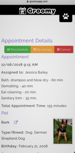 Groomy appointment details