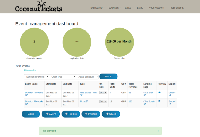 Coconut Tickets screenshot: The Event Dashboard provides an overview of upcoming events