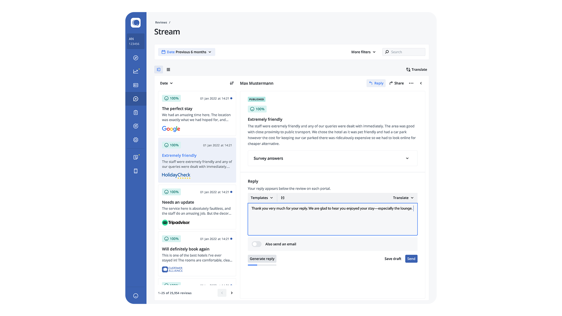 Customer Alliance Software - Act on feedback - With actionable insights and the powerful AI Reply Assistant, you're prepared to respond swiftly with unique, personalized responses to your customers' feedback at the push of a button.