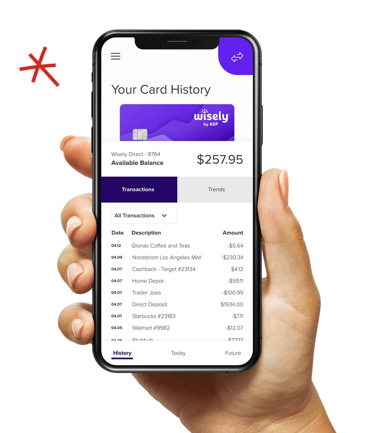 Wisely by ADP screenshot: Card transaction history