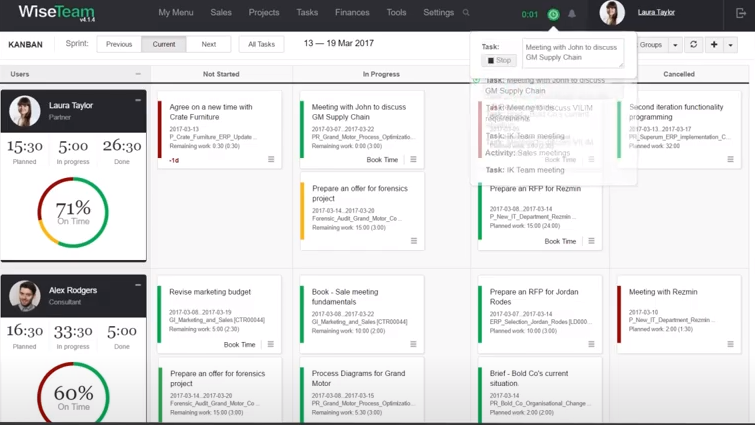 WiseTeam screenshot: WiseTeam Kanban board