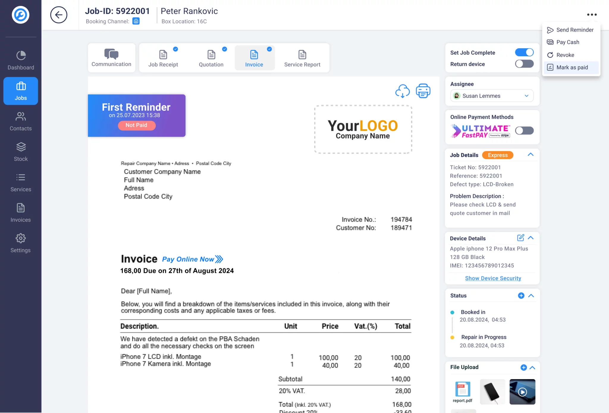 RepairCMS Ultimate Software - Simplify Repair Service Billing
RepairCMS’s Invoicing Software allows you to generate and send invoices easily. Consistency and accuracy are guaranteed by its seamless integration with your quotes.