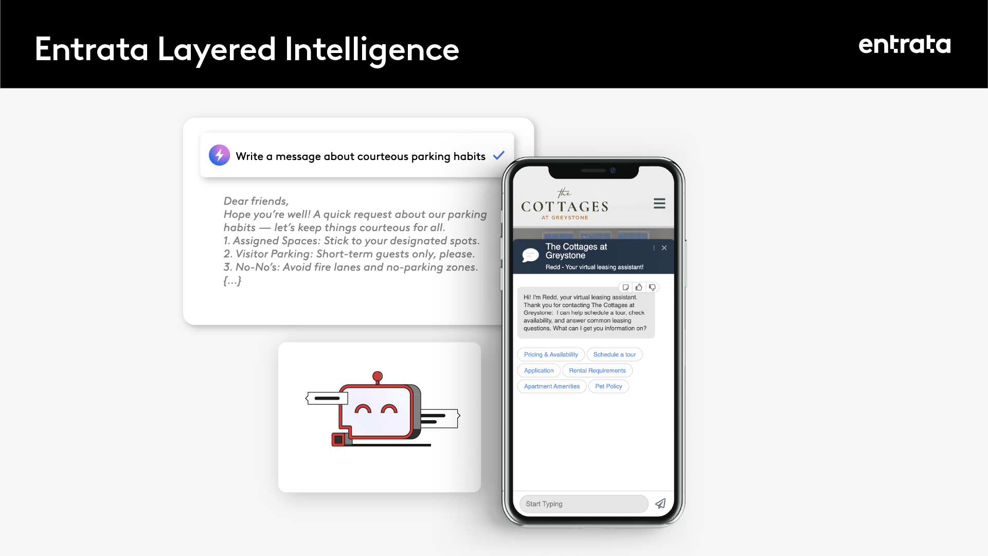 Entrata Layered Intelligence is built into existing workflows, making it easy for every team member to access and use AI. Examples include generative content for Review Management, Messages, and Blogs, as well as our AI Virtual Leasing Assistant, Redd™.
