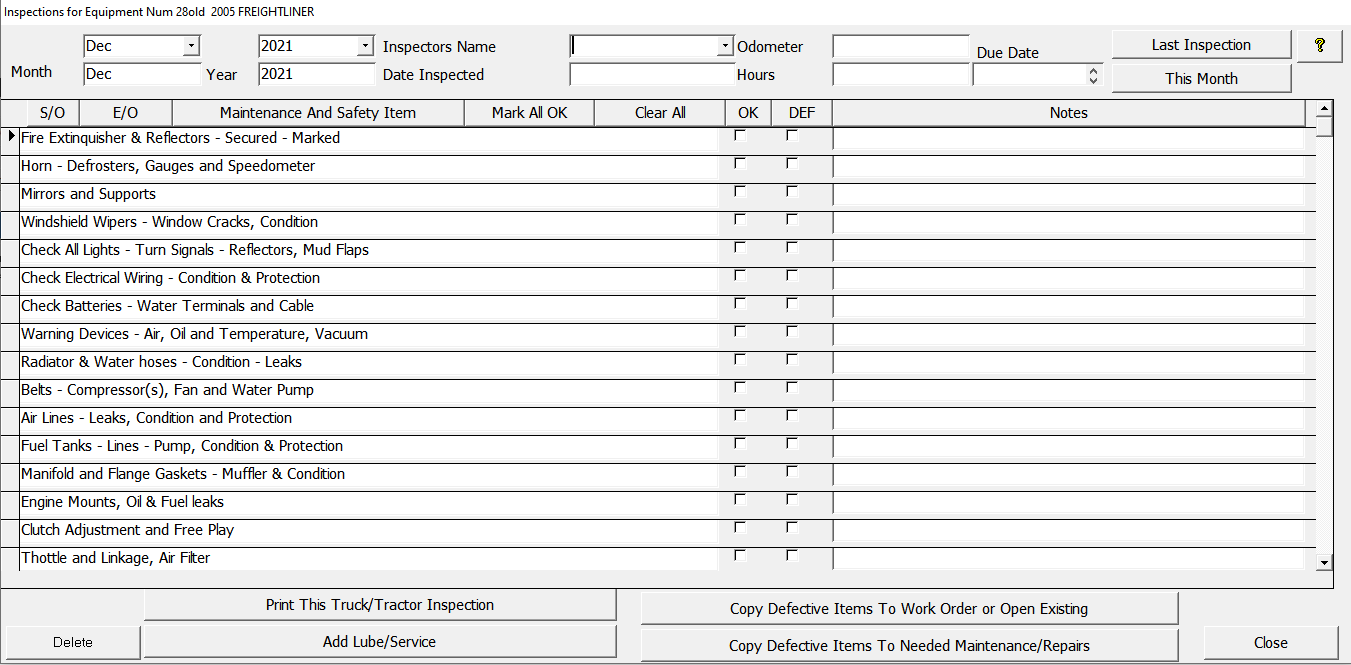 TATEMS 90 Day (Or user defined number of days) DOT/BIT Inspection Checklist Screen