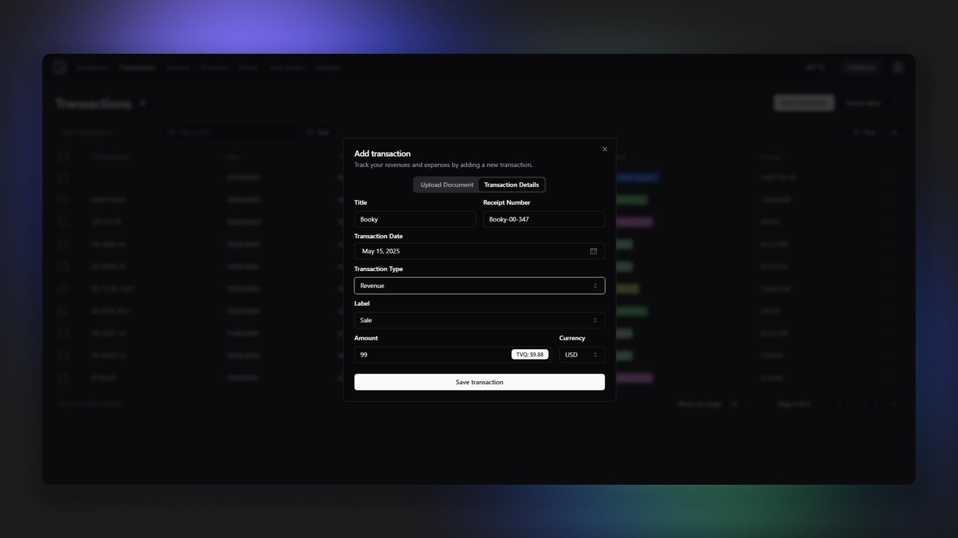 Booky Software - Booky add transaction