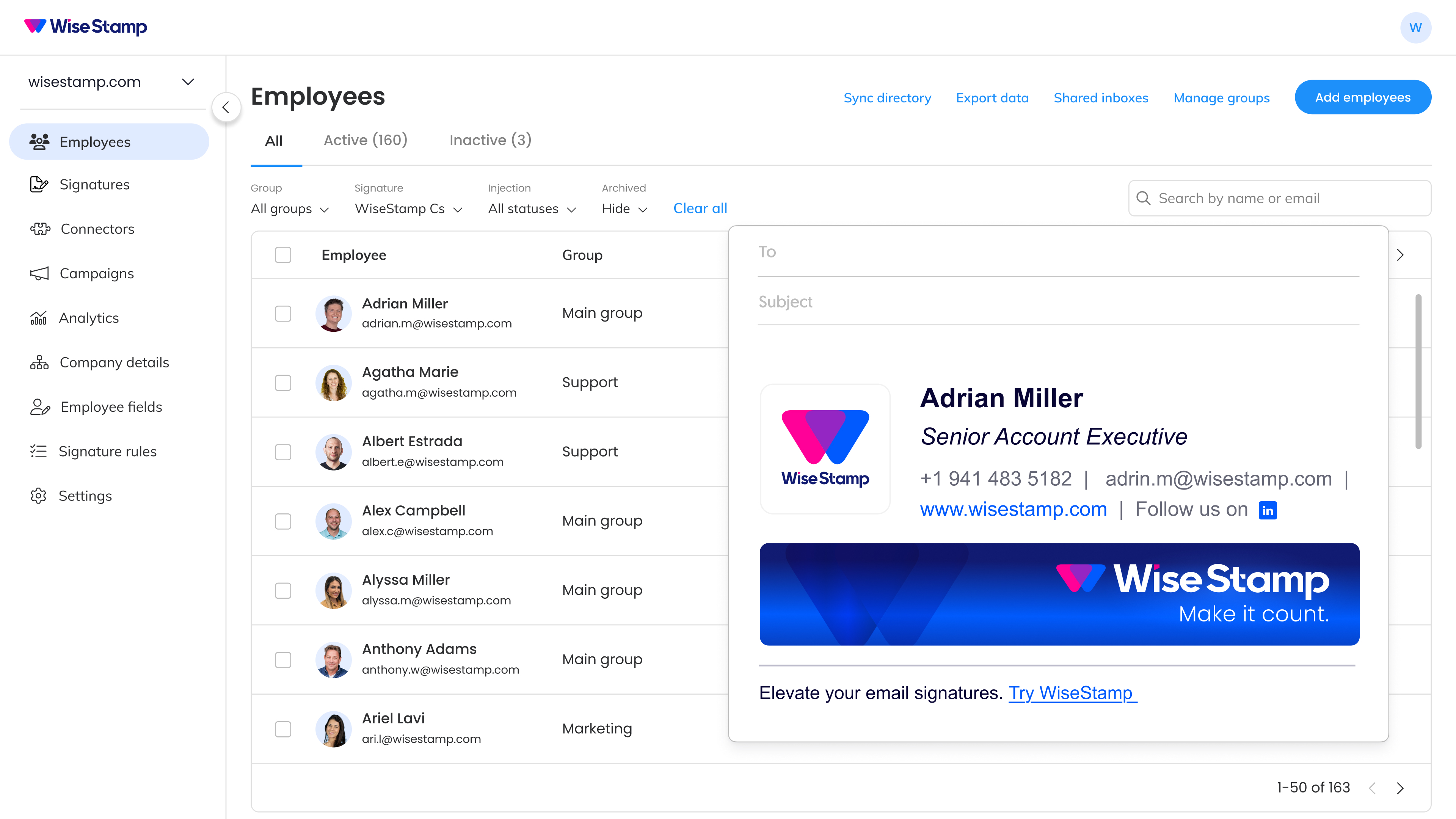WiseStamp screenshot: Manage your employee email signature page