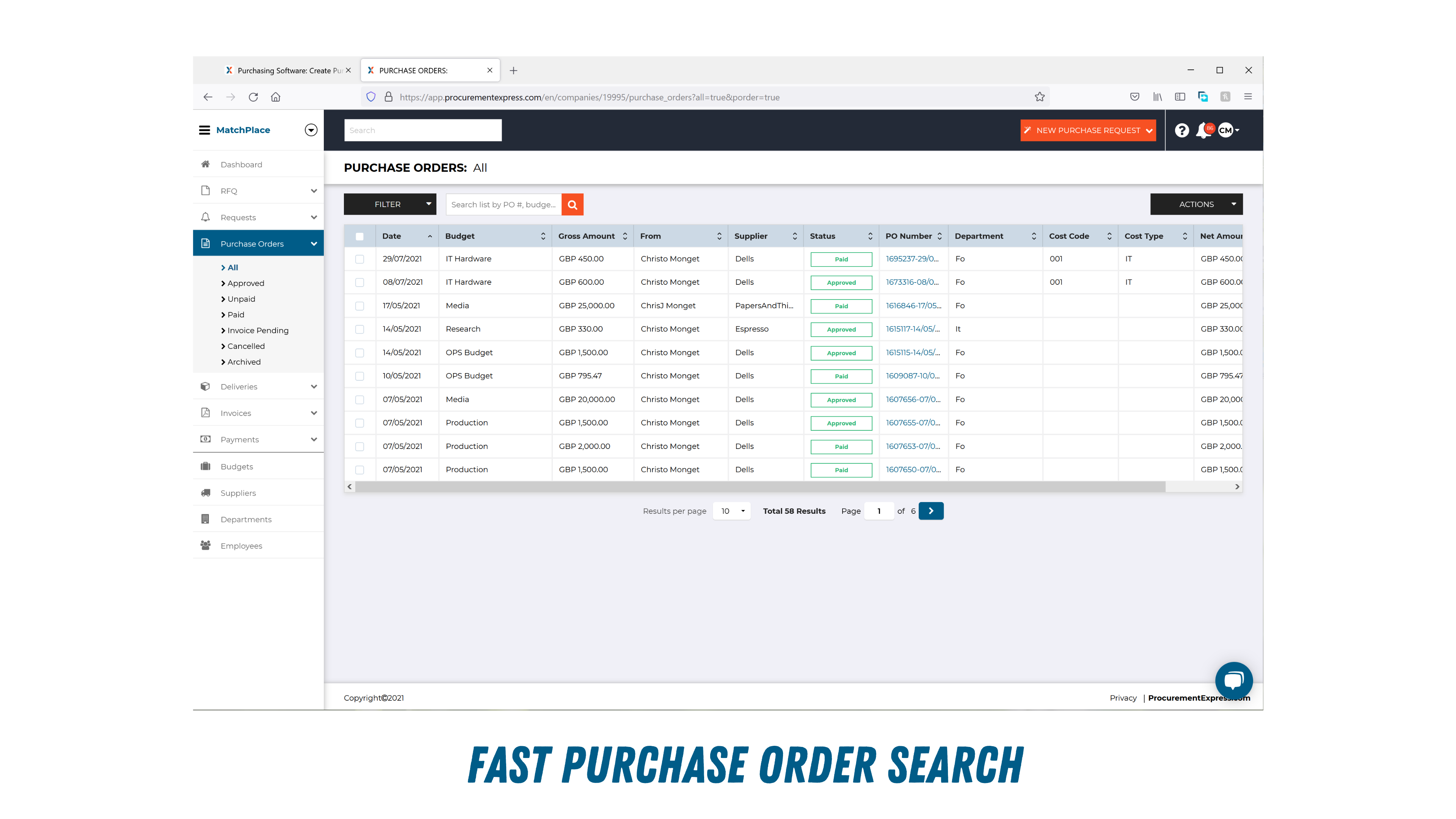 Fast Purchase Order Search