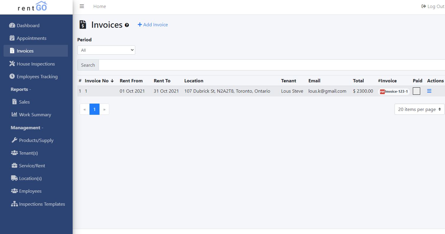 RentGo screenshot: Generate Invoice for Tenants