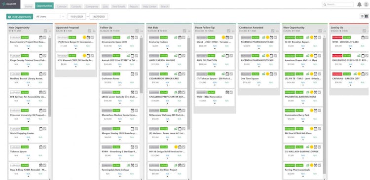 iDeal Construction CRM screenshot: Visual Sales Pipeline Board to Manage Bid Activity; Visualize all your bids, opportunities, projects, or leads by stage; Customize stages to fit your sales and bidding process; Each sales rep, estimator, or exec can customize the view of their pipeline