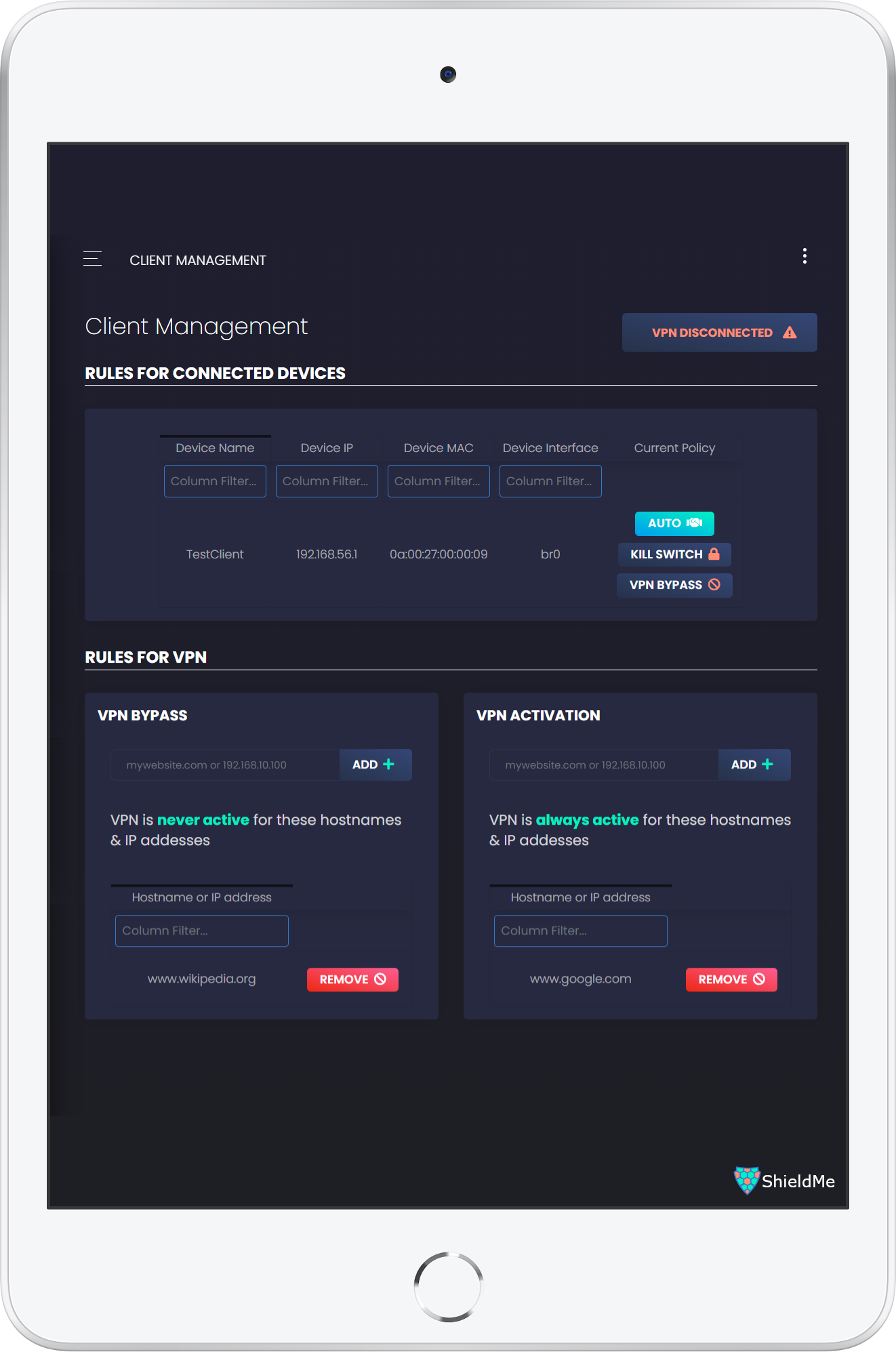 ShieldMe Software - ShieldMe Custom VPN Rules and Client Management