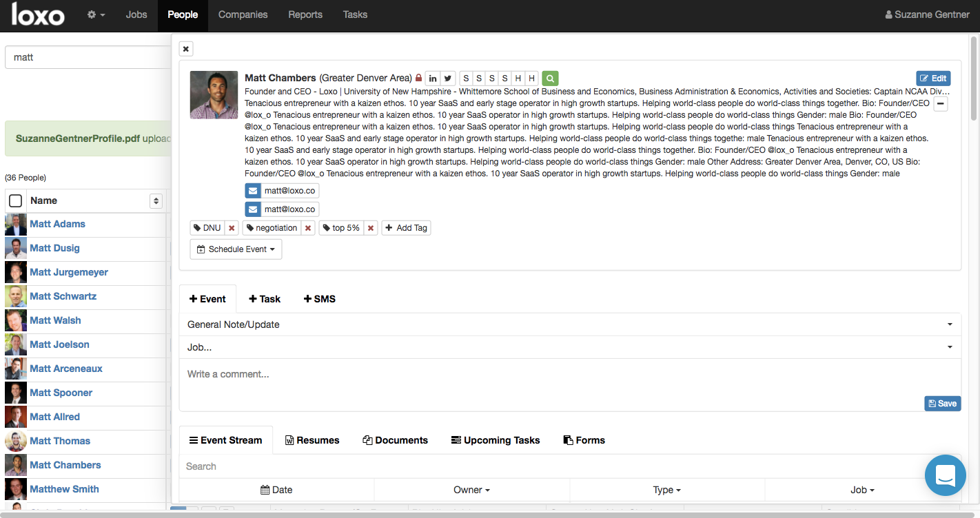 Loxo Software - Loxo's contact records allow users to quickly view all activity with an individual candidate through the event stream. Users can call, text, email, and schedule interviews with a candidate all from the same screen