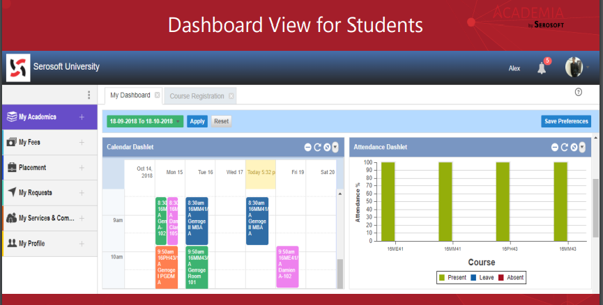 Academia TMS screenshot: Academia TMS dashboard view for students