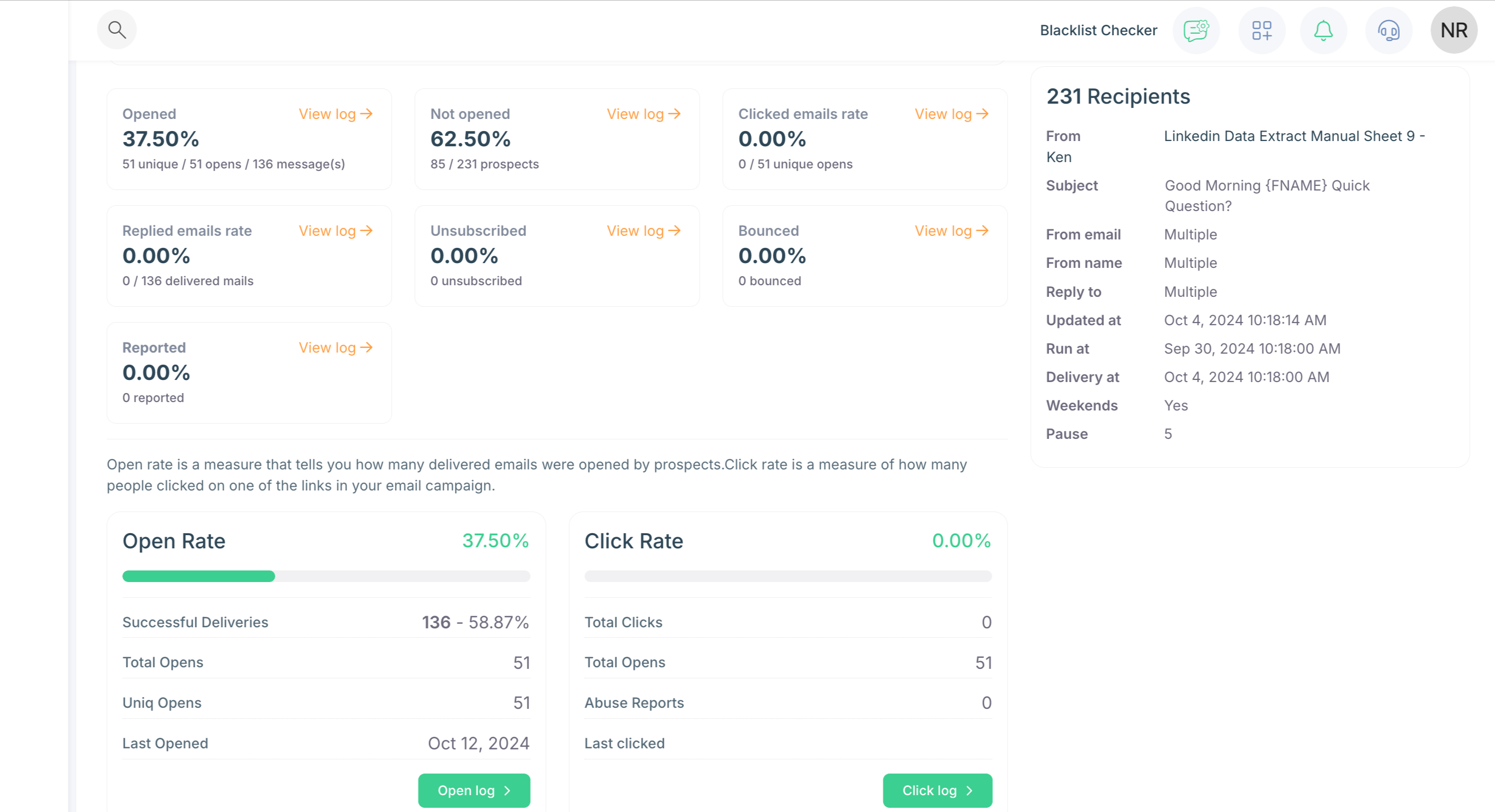 Sendcrux screenshot: Sendcrux Dashboard open rate