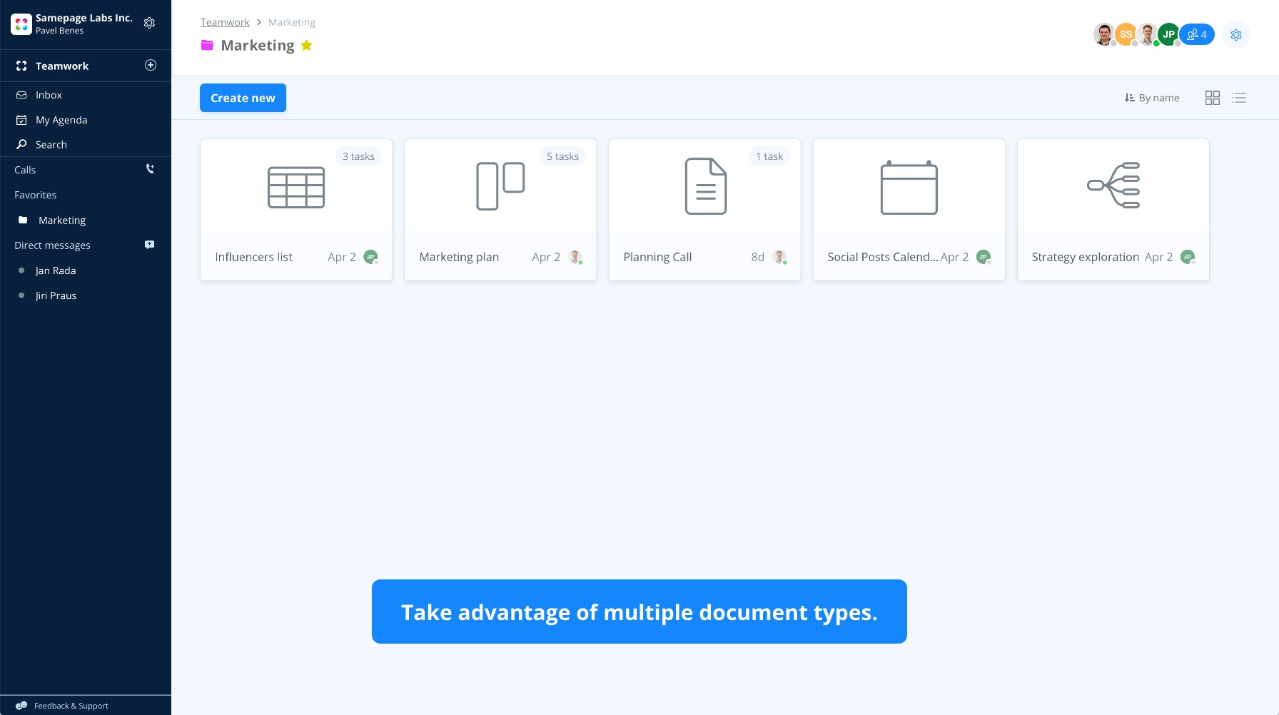 Samepage Software - Enjoy multiple document types. You can also upload your own files and take advantage of the built-in chat and agenda options.