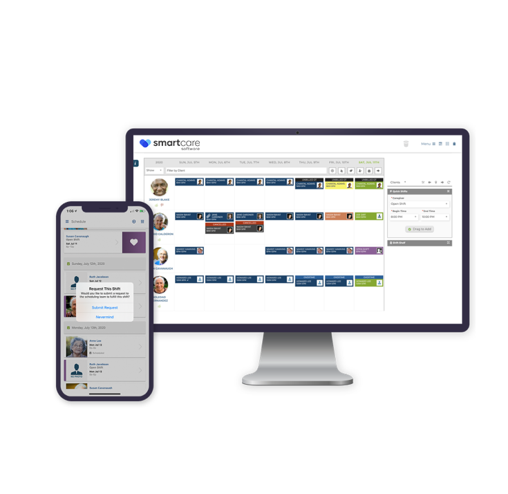 Smartcare Software's drag and drop scheduling makes adding new clients and caregivers to the schedule easy. Innovative, dynamic scheduling aligns your caregiver’s work preference with a client’s specific needs increasing client and caregiver satisfaction.