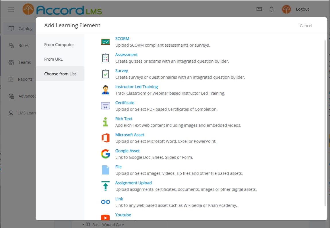 Accord LMS Software - Learning Content can include SCORM Modules plus a wide range of web viewable content formats such as video, office documents, PDFs, etc.  Accord's quiz and survey authoring features provide excellent built-in assessment tools..