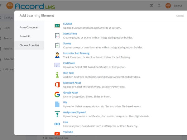 Accord LMS Software - Learning Content can include SCORM Modules plus a wide range of web viewable content formats such as video, office documents, PDFs, etc.  Accord's quiz and survey authoring features provide excellent built-in assessment tools..