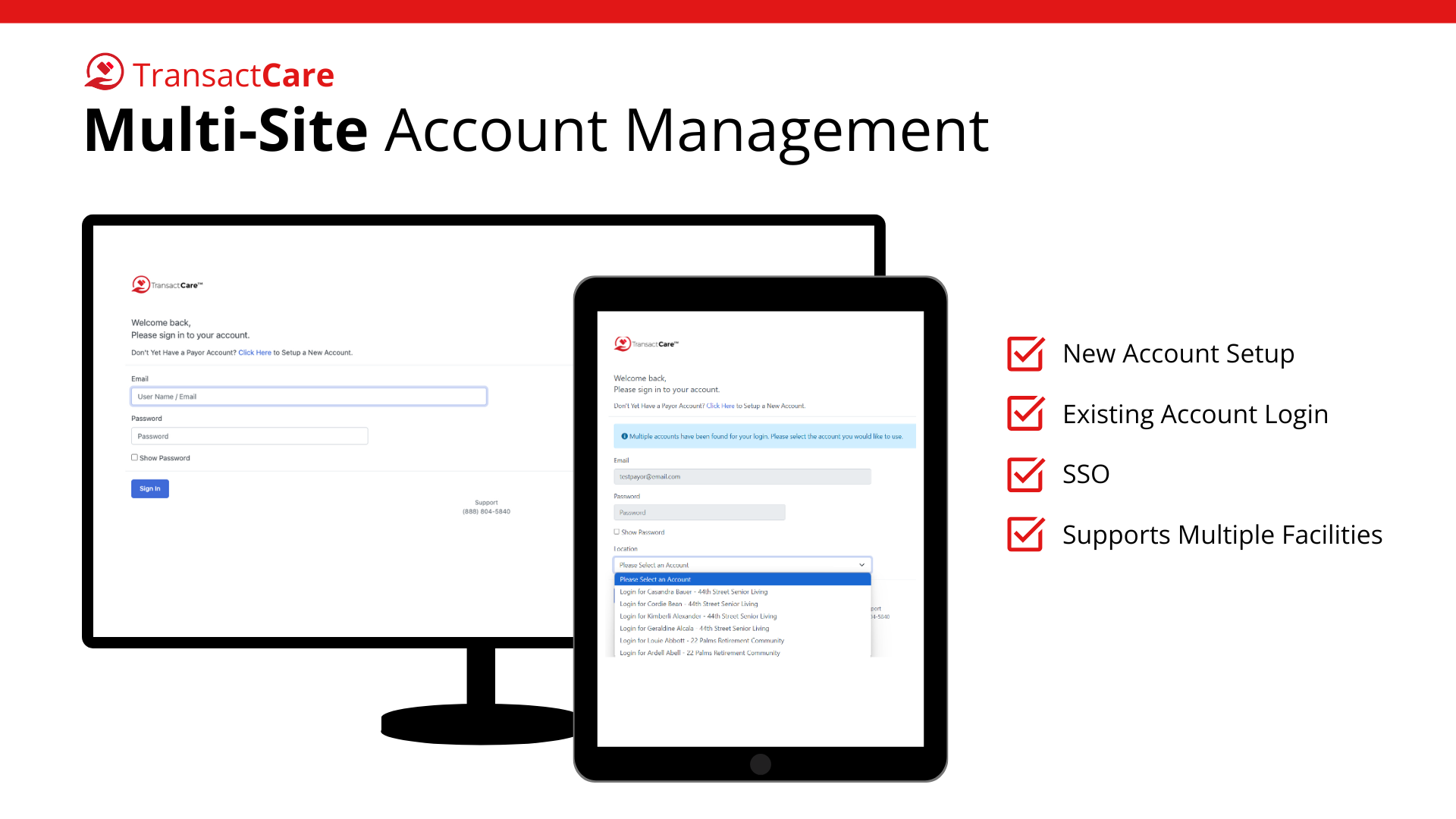 TransactCare screenshot: TransactCare multi-site account management