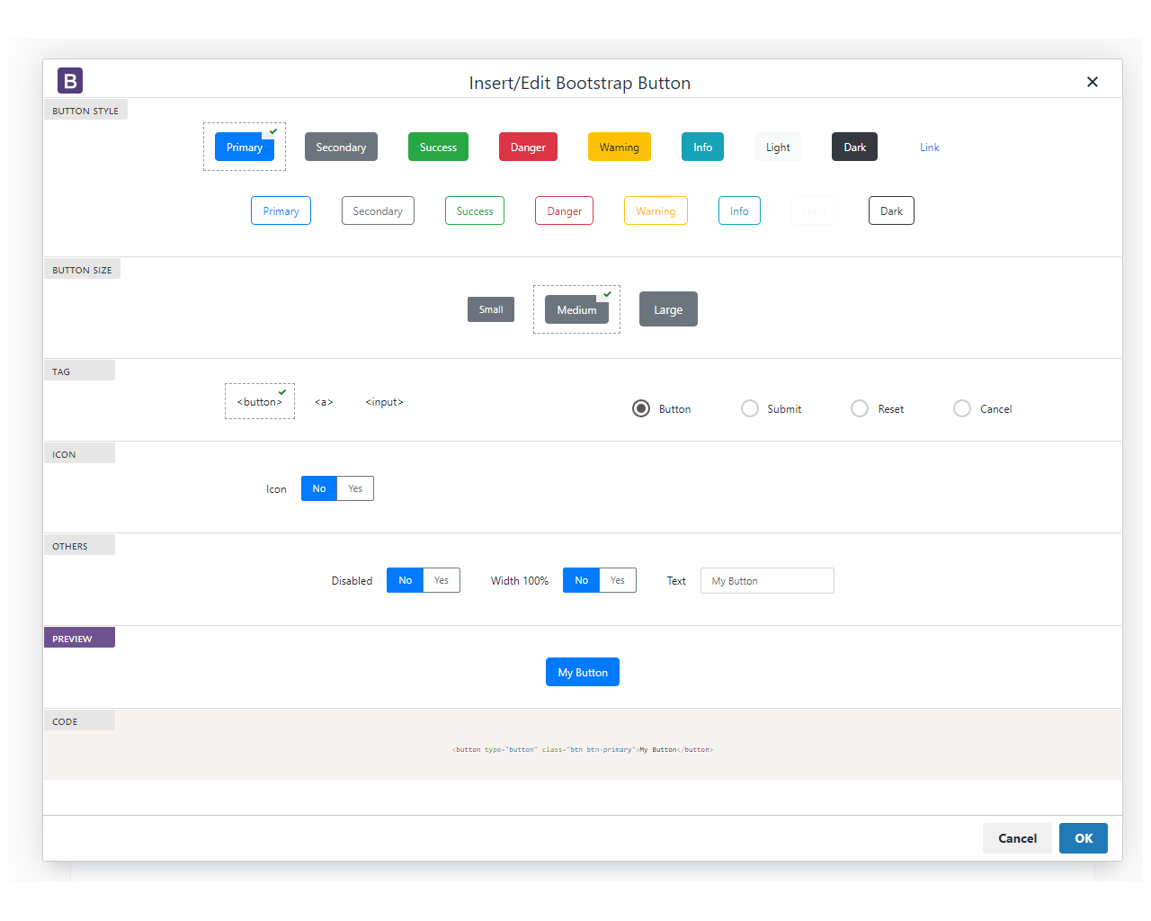 TinyMce Bootstrap plugin's Buttons module